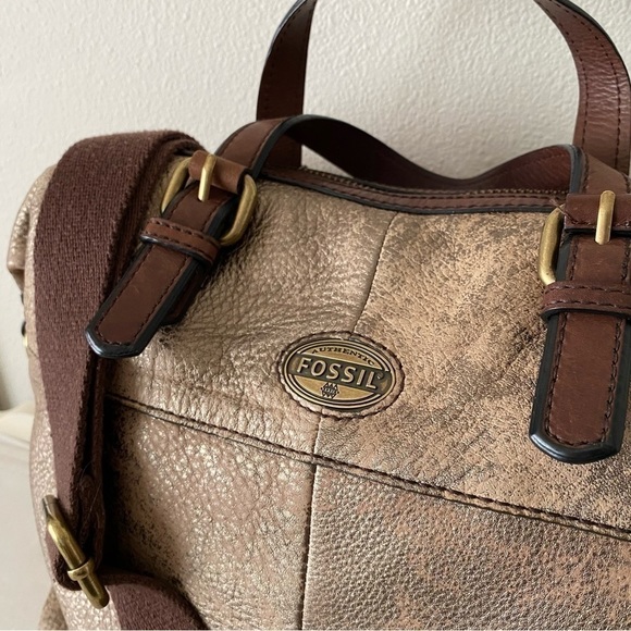 Fossil Explorer Leather Metallic Gold Brown Crossbody Large Satchel Tote Bag - Picture 5 of 8